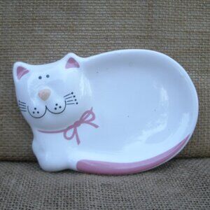 Vintage White Pottery Cat Trinket Jewelry Dish Brazil